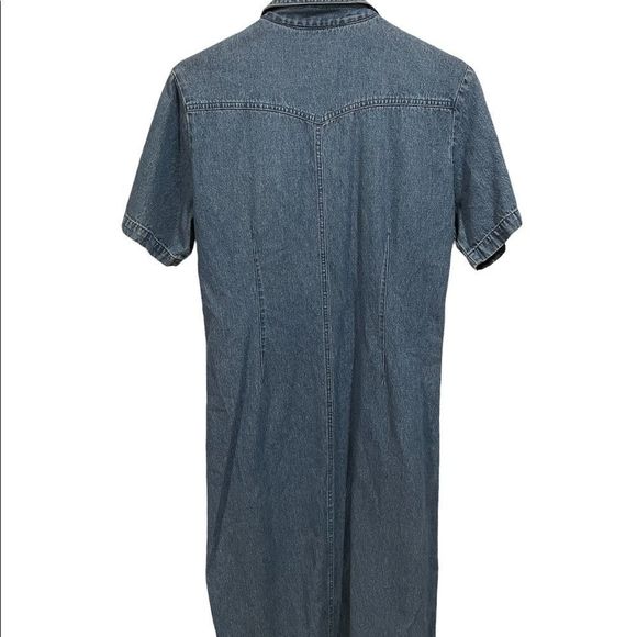 Blue J. Southwestern Medium Wash Denim Jean Turquoise Snap Button Up Dress - Picture 3 of 6